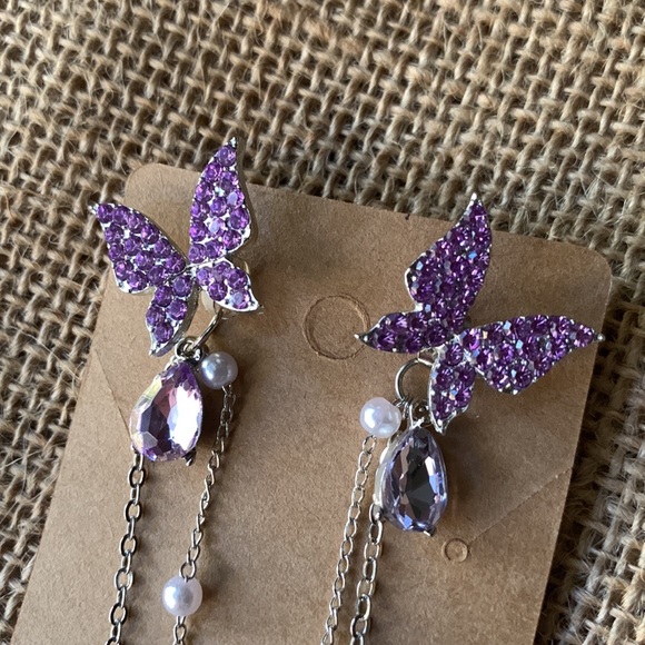 Rhinestone Pearl Butterfly Dangle Earrings - Picture 2 of 7